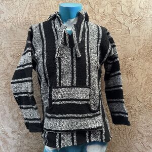 Vel Mex Baja Hoodie Black Gray Striped Pullover Sweater Men’s Medium Mexico